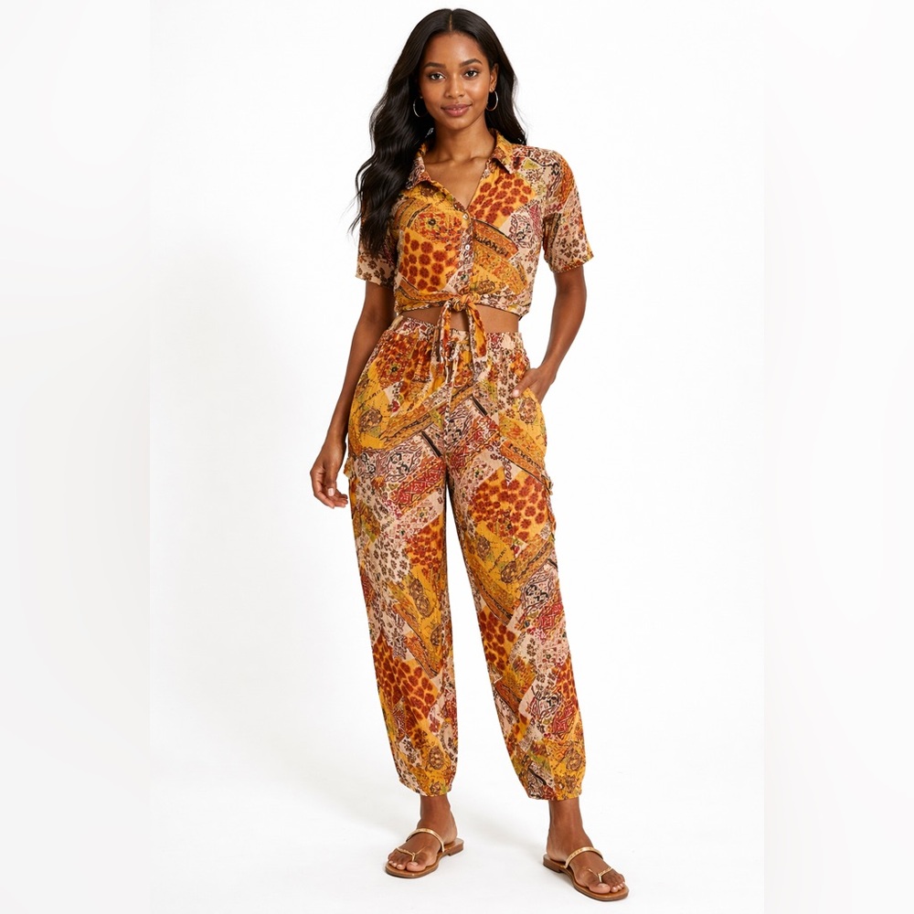 Christian Siriano NY  2-Piece Patchwork Tie Front Crop Top Ankle Pants Small